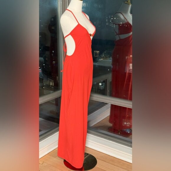 🆕 CHRISTOPHER ESBER 🧿 Crystal Cutaway Lycra Maxi Dress, Red/Orange, Sz AU8 US4 - Picture 5 of 16